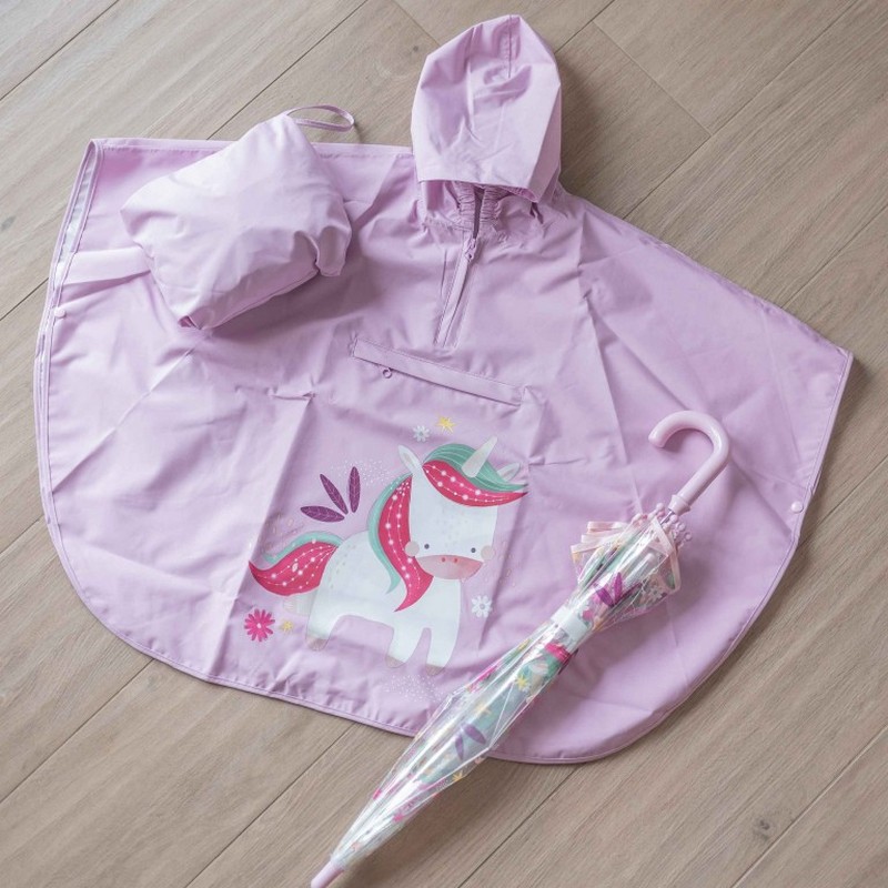 Poncho impermeabile viola decorato con unicorno per bambini, facile da richiudere e da pulire
